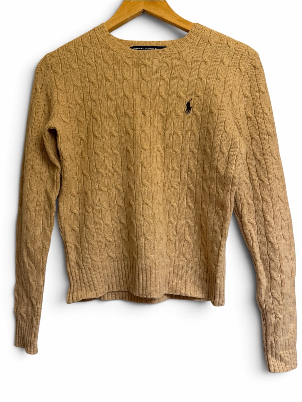Ralph Lauren Sport Women’s Camel Cable-Knit 100% LambsWool Crewneck Sweater Sz M